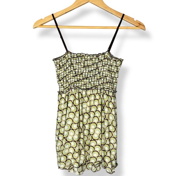 NWT Max Studio Top‎ Size Small Geometric Circle Pattern Shirred Bust Green Brown - Picture 2 of 10